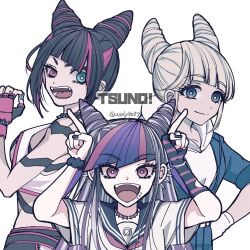  3girls black_hair black_nails black_sailor_collar brown_hair character_request check_character closed_mouth collarbone danganronpa_(series) danganronpa_2:_goodbye_despair fangs from_side hair_horns hairstyle_connection han_juri happy highres hood hood_down hoodie long_hair looking_at_viewer mioda_ibuki multicolored_hair multiple_girls nail_polish nanami_chiaki pink_hair red_hair sailor_collar satori_(aosky9077) shirt short_sleeves smile street_fighter teeth tongue trait_connection two-tone_hair upper_body white_hair white_hoodie white_shirt 