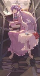  1girl blue_bow book bookshelf bow chinese_commentary commentary_request crescent crescent_hat_ornament cup dress floating floating_book floating_object frown hand_on_own_cheek hand_on_own_face hat hat_ornament highres kenkxx library long_sleeves looking_at_viewer mob_cap open_book patchouli_knowledge pink_dress pink_hat pouring purple_hair red_bow solo striped_clothes striped_dress table teacup teapot telekinesis touhou vertical-striped_clothes vertical-striped_dress violet_eyes voile 