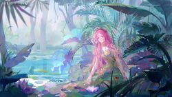  1girl a_drowning_canvas_(shining_nikki) absurdres artist_request bare_shoulders brooch bud cape choker closed_mouth collarbone commentary copyright_logo day detached_sleeves dress dress_flower english_commentary flower flower_brooch flower_choker forest green_cape green_dress green_hairband green_sleeves hair_between_eyes hair_flower hair_ornament hairband highres jewelry kneeling lake light_particles lily_pad lips logo long_dress long_hair long_hair_between_eyes long_sidelocks nature nikki_(series) official_alternate_color official_art official_wallpaper orange_flower outdoors palm_leaf pink_flower pink_hair pink_lips purple_flower rainforest reaching red_flower second-party_source shining_nikki short_sleeves side_slit sidelocks sitting smile solo strapless strapless_dress very_long_hair water_lily_flower wavy_hair wet wrist_flower yellow_flower yokozuwari 