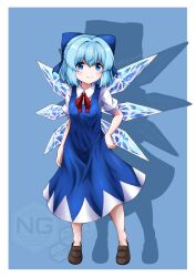  1girl absurdres blue_background blue_bow blue_dress blue_eyes blue_hair border bow bowtie breasts brown_shoes cirno closed_mouth collared_shirt commentary_request dated_commentary detached_wings dress full_body hair_bow highres ice ice_wings j_k_tanashi looking_at_viewer pinafore_dress puffy_short_sleeves puffy_sleeves red_bow red_bowtie shadow shirt shoes short_hair short_sleeves sleeveless sleeveless_dress small_breasts smile solo touhou twitter_username watermark white_border white_shirt wings 
