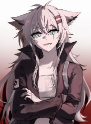  1girl animal_ears arknights black_jacket black_nails blue_eyes chinese_commentary collarbone commentary crossed_arms fingernails gradient_background grey_hair hair_between_eyes hair_ornament hairclip highres jacket lappland_(arknights) long_hair long_sleeves looking_at_viewer lower_teeth_only nail_polish open_clothes open_jacket open_mouth popped_collar qi_hai_yan_xu red_background scar scar_across_eye scar_on_face solo teeth upper_body white_background wolf_ears wolf_girl 