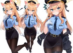  1girl absurdres alternate_costume animal_ear_fluff animal_ears black_pantyhose blue_archive blue_eyes blue_shirt cat_ears commentary cuffs flower gloves hair_flower hair_ornament halo handcuffs hat highres long_hair looking_at_viewer mari_(blue_archive) necktie orange_hair pantyhose peaked_cap pencil_skirt police police_hat police_uniform policewoman rinringyo shirt skirt smile solo thigh_strap untranslatable_commentary white_background white_flower white_gloves yellow_halo 