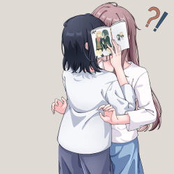  !? 2girls adachi_sakura adachi_to_shimamura black_hair black_pants blue_skirt book brown_hair chinese_commentary commentary_request grey_background highres holding holding_book kiss long_hair medium_hair miyagi_shiori multiple_girls pants sendai_hazuki shimamura_hougetsu shirt shuuniichido_classmate_wo_kau_hanashi simple_background skirt surprise_kiss surprised teng_xia53256 white_shirt yuri yuri_(object) 