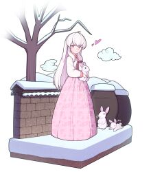  1girl absurdres ahoge animal bare_tree blush brick_wall closed_mouth clouds commentary_request commission english_commentary full_body heart hh highres holding holding_animal holding_rabbit long_hair long_skirt long_sleeves looking_at_viewer mixed-language_commentary original outdoors pink_eyes pink_skirt rabbit rabbit-shaped_pupils shirt skirt smile snow solo standing symbol-shaped_pupils tree white_background white_hair white_shirt winter 