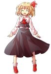  1girl ^_^ ^o^ alphes_(style) arms_at_sides blonde_hair blouse closed_eyes dairi fang hair_ornament hair_ribbon happy open_mouth parody red_shoes ribbon rumia shoes short_hair smile style_parody touhou transparent_background vest 