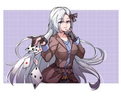  1girl absurdres ayanobro bell_(kira_zx_) belt black_gloves blue_eyes blue_sweater bow breasts brown_belt brown_flower brown_jacket card commentary commission cropped_legs english_commentary finger_to_face flower gloves grid_background hair_bow hair_flower hair_ornament highres holding holding_card jacket lapels long_hair long_sleeves medium_breasts open_clothes open_jacket original parted_bangs parted_lips partially_fingerless_gloves playing_card purple_background smile solo sweater white_hair 