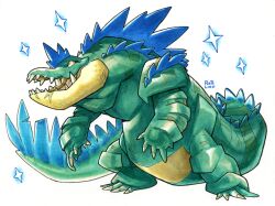  absurdres alternate_color claws crocodilian feraligatr highres no_humans open_mouth pokemon pokemon_(creature) railroadlion sharp_teeth shiny_pokemon signature simple_background solo sparkle tail teeth white_background 