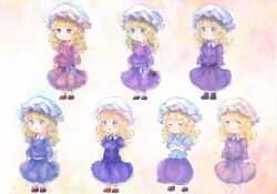  1girl belt black_belt blue_eyes blue_shirt blush bow brown_shoes bubble_skirt buttons closed_eyes closed_mouth collared_dress commentary_request contrast_collar crossed_arms deformed dress footwear_bow frilled_dress frills ghostly_field_club hat highres holding holding_teapot long_hair long_sleeves maribel_hearn mob_cap neck_ribbon neo-traditionalism_of_japan official_alternate_costume open_mouth puffy_short_sleeves puffy_sleeves purple_dress purple_skirt red_ribbon red_shoes ribbon sash shirt shoes short_sleeves skirt sleeve_garter smile smug socks teapot touhou trojan_green_asteroid uwazumi variations violet_eyes white_bow white_hat white_sash white_socks yellow_eyes 
