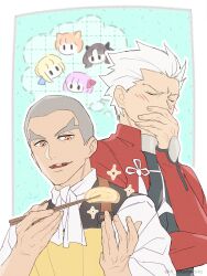  2boys alexandre_dumas_(fate) aopix_001 apron archer_(fate) artoria_pendragon_(fate) ascot blue_background blush buzz_cut chibi chibi_inset chopsticks closed_eyes colored_teeth fate/grand_order fate_(series) food fujimura_taiga grey_hair highres holding holding_chopsticks holding_food jacket male_focus matou_sakura multicolored_teeth multiple_boys omelet open_mouth orange_eyes saber_(fate) shirt short_hair smile speech_bubble tamagoyaki thought_bubble tohsaka_rin upper_body very_short_hair white_hair 