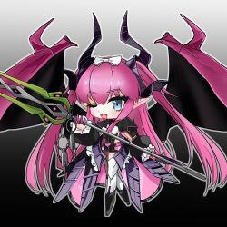 1girl blue_eyes chibi dragon_wings dress elizabeth_bathory_(fate) elizabeth_bathory_(perfect)_(third_ascension)_(fate) fangs fate/grand_order fate_(series) full_body holding holding_polearm holding_weapon horns long_hair looking_at_viewer one_eye_closed particle_pfli pink_hair pointy_ears polearm smile solo very_long_hair weapon wings 
