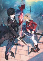  1boy 2girls absurdres black_coat black_eyes black_hair black_hairband black_shoes blonde_hair blue_eyes blue_skirt camera character_request coat commentary_request copyright_request fighting_stance fuyuno_yuuki grey_hair gun hairband highres holding holding_camera holding_gun holding_weapon jacket knife looking_at_viewer multiple_girls planted planted_knife planted_sword ready_to_draw red_jacket school_uniform serious shoes skirt sword weapon 