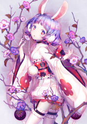  1girl absurdres animal_ears blush daisan_oujo floral_print floral_print_kimono flower gekokujou_hana highres japanese_clothes kimono long_sleeves magical_girl mahou_shoujo_ikusei_keikaku mahou_shoujo_ikusei_keikaku_limited obi open_mouth pink_flower print_kimono purple_flower purple_hair rabbit_ears red_eyes sash short_hair short_kimono solo thigh-highs tree white_flower wide_sleeves 