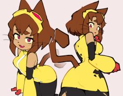  1girl animal_ears bare_shoulders black_pants black_sleeves breasts brown_hair cat_ears cat_girl cat_tail cowboy_shot dress english_commentary fang fang_out furry furry_female gameoverse goggles goggles_on_head hair_between_eyes highres kit_(gameoverse) looking_at_viewer medium_breasts medium_hair multiple_views open_mouth pants parted_lips red_eyes seion simple_background sleeveless sleeveless_dress snout tail tight_clothes tight_dress torn_clothes torn_dress torn_pants weapon whiskers wide_hips yellow_dress yellow_gauntlets 