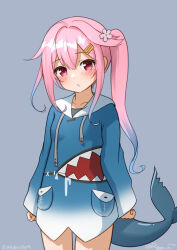  1girl blue_dress blue_hair cosplay cowboy_shot drawstring dress fins fish_tail gawr_gura gawr_gura_(1st_costume) gawr_gura_(cosplay) gradient_background gradient_hair grey_background hair_flaps harusame_(kancolle) hololive hololive_english hooded_dress kantai_collection multicolored_hair pink_hair ray.s red_eyes shark_tail side_ponytail solo standing tail 