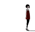  1girl black_hair black_legwear bob_cut capri_pants dress glowing glowing_eyes high_heels hime_cut ken_(koala) original red_dress red_eyes shadow short_hair solo spaghetti_strap white_background white_skin 