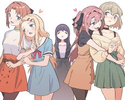  5girls absurdres black_choker black_dress black_pantyhose black_ribbon black_shirt blonde_hair blue_dress blue_eyes boo_da_booo brown_dress brown_hair cardigan choker commentary dress english_commentary green_eyes green_skirt grey_hair gujyo_kanade heart highres hug hug_from_behind kamiina_botan kamiina_botan_yoeru_sugata_wa_yuri_no_hana kitamori_yaeka locked_arms long_hair multiple_girls open_mouth orange_shirt pantyhose pinafore_dress pink_hair purple_hair purple_shirt ribbon sailor_dress shirt short_hair simple_background skirt sleeveless sleeveless_dress smile tonami_ibuki two_side_up violet_eyes white_background white_shirt yellow_cardigan yuri yusa_akane 