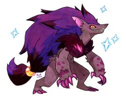  alternate_color black_fur claws grey_fur looking_at_viewer multicolored_fur no_humans pokemon pokemon_(creature) purple_fur railroadlion shiny_pokemon signature simple_background solo sparkle white_background yellow_eyes zoroark 