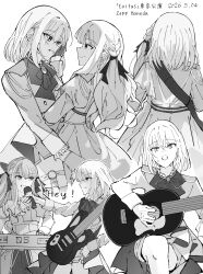  2girls absurdres bang_dream! bang_dream!_it's_mygo!!!!! commentary_request dated dress gloves greyscale guitar hand_on_another's_cheek hand_on_another's_face highres holding holding_microphone implied_kiss instrument keyboard_(instrument) lilachinami long_hair medium_hair microphone misumi_uika monochrome multiple_girls playing_guitar playing_instrument plectrum sidelocks simple_background togawa_sakiko white_background yuri 