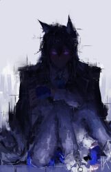  1girl absurdres animal_ear_fluff animal_ears arknights blue_eyes bow bowtie collared_shirt commentary english_commentary highres jacket long_hair looking_at_viewer painterly re_gulus shirt signature simple_background solo texas_(arknights) white_background white_shirt wolf_ears 