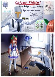  1boy 1girl absurdres angry animal_ears binder black_necktie black_pants blunt_bangs book bottle bow bowtie breasts chair clenched_hands clenched_teeth closed_eyes collared_shirt commentary_request digging_your_own_grave ear_covers english_text fiji_water flat_chest_joke hair_ornament hairband highres hime_cut horse_ears horse_girl horse_tail it's_always_sunny_in_philadelphia kobayashi-san_chi_no_maidragon locker long_hair lucoa_(maidragon) manjo_(warito) meme necktie nervous_sweating open_mouth orange_hair orange_tail pants pencil pepe_silvia_(meme) pleated_skirt puffy_short_sleeves puffy_sleeves purple_bow purple_bowtie purple_shirt sailor_collar sailor_shirt school_uniform shirt shoes short_sleeves silence_suzuka_(umamusume) skirt small_breasts socks squatting sweat t-head_trainer_(umamusume) table tail teeth thigh-highs told_you_not_to_do_that tracen_school_uniform trainer_(umamusume) trash_can trembling umamusume undone_necktie water_bottle white_hairband white_sailor_collar white_shirt white_skirt white_thighhighs whiteboard window 