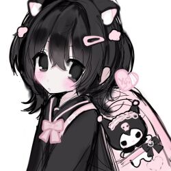  1girl 2000s_(style) :o animal_ear_fluff animal_ears backpack bag black_eyes black_hair blush bow cat_ears cat_girl chiyuidoll commentary_request hair_between_eyes hair_intakes hair_ornament hairclip kuromi non-web_source original pink_bag pink_bow sanrio school_bag short_hair sketch source_request 