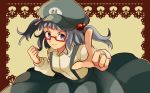  1girl alternate_costume bespectacled blue_eyes blue_hair clenched_hand glasses hair_bobbles hair_ornament hat kawashiro_nitori long_sleeves lowres neko_ni_chikyuu pointing red_glasses shirt short_hair short_twintails skirt smile solo suspenders touhou twintails 