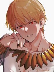  1boy blonde_hair bracelet chikabe fate/grand_order fate_(series) gilgamesh_(fate) highres jewelry looking_at_viewer male_focus necklace open_mouth red_eyes shirt short_hair simple_background smile solo upper_body white_background white_shirt 