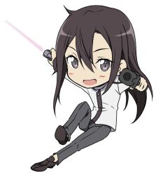  1boy :d asagi501 blush_stickers brown_hair brown_shoes brown_trim chibi commentary_request double-parted_bangs energy_sword floating full_body grey_eyes grey_pants gun hair_between_eyes handgun highres holding holding_gun holding_weapon jacket kirito kirito_(sao-ggo) lightsaber long_hair long_sleeves looking_at_viewer male_focus open_mouth pants purple_lightsaber shoes simple_background smile solo sword sword_art_online trap weapon white_background white_jacket 