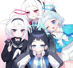  aris_(blue_archive) arona_(blue_archive) black_choker black_eyes black_hairband black_sailor_collar black_serafuku blue_archive blue_eyes blue_necktie blue_pupils braid choker colored_inner_hair hairband halo heart heart_hands highres jacket je_o_mo kei_(blue_archive) kei_(new_body)_(blue_archive) multicolored_hair multicolored_jacket neckerchief necktie pink_eyes pink_halo plana_(blue_archive) rectangular_halo red_eyes red_halo red_pupils ribbon ringed_eyes sailor_collar school_uniform serafuku single_braid two-tone_jacket v white_hair white_jacket white_neckerchief white_ribbon 
