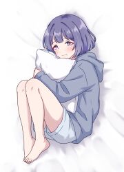  1girl bare_legs barefoot bed_sheet blush bob_cut closed_mouth dot_nose feet full_body gakuen_idolmaster grey_hoodie grey_shorts hataya_misuzu highres hood hood_down hoodie hugging_object idolmaster knees_up long_sleeves looking_at_viewer lying mole mole_under_mouth on_bed on_side pillow pillow_hug purple_hair shinouzip short_hair short_shorts shorts sidelocks smile solo toes violet_eyes 