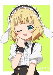  1girl absurdres animal_ears black_skirt center_frills commentary_request dated fake_animal_ears flat_chest fleur_de_lapin_uniform floppy_ears frilled_hairband frilled_shirt frills gochuumon_wa_usagi_desu_ka? hairband highres kirima_syaro lolita_hairband nekonyan_(inaba31415) one_eye_closed open_mouth puffy_short_sleeves puffy_sleeves rabbit_ears shirt short_sleeves skirt smile solo suspender_skirt suspenders wrist_cuffs 