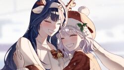  2girls ^_^ absurdres animal_ears antlers bell blue_hair blush bow christmas closed_eyes colored_inner_hair commentary deer_ears fake_animal_ears fake_antlers fur_trim grey_hair grin hair_behind_ear hairband hat headband highres holly horns hug ine_(vtuber) jewelry korean_commentary lilpa long_hair multicolored_hair multiple_girls necklace official_alternate_costume red_bow red_hat red_sweater reindeer_antlers santa_hat short_hair smile snowflakes sweater urel virtual_youtuber waktaverse white_hairband white_headband white_sweater 