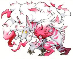  absurdres claws grey_fur highres hisuian_zoroark multicolored_fur no_humans pink_fur pokemon pokemon_(creature) railroadlion signature simple_background solid_eye solo white_background white_fur yellow_background 