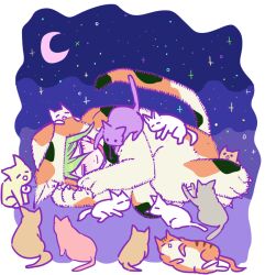  1boy amami_rantaro animal_costume border calico_(pattern) calico_cat cat cat_costume closed_eyes closed_mouth commentary_request crescent_moon danganronpa_(series) danganronpa_v3:_killing_harmony green_hair grey_cat lying moon multiple_cats nabu_(d4ng4nn6bu12) on_side pink_cat purple_cat sleeping space tabby_cat too_many too_many_cats white_border white_cat yellow_cat 