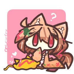  1girl ? ahoge animal_ear_fluff animal_ears apron blush_stickers border broccoli_hair_ornament brown_hair cat_ears cat_girl cat_tail chibi chibi_only commentary_request double-parted_bangs food full_body hair_between_eyes heart japanese_clothes kimono long_hair long_sleeves omelet omurice orange_kimono original outside_border pink_background pink_eyes shiroyama_ab simple_background sitting sleeves_past_fingers sleeves_past_wrists solo tail white_apron white_border 
