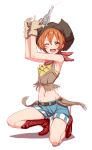  bandana belt boots brown_hair clearite cowboy_boots cowboy_hat gloves green_eyes gun hat highres kneeling midriff navel short_hair shorts sketch weapon western wink 