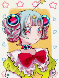  1girl blue_hair bow collared_dress dreamy_chelsea dress frills hair_bow hair_ornament heart magical_girl mahou_shoujo_ikusei_keikaku mahou_shoujo_ikusei_keikaku_breakdown oftn7 pink_bow puffy_short_sleeves puffy_sleeves short_sleeves solo star_(symbol) star_hair_ornament twintails violet_eyes yume_kawaii 