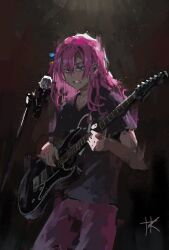  1girl black_shirt blue_eyes blush bocchi_the_rock! clenched_teeth commentary concert english_commentary gotoh_hitori guitar hair_ornament highres instrument light_particles long_hair looking_ahead microphone microphone_stand painterly pants pink_hair pink_pants playing_guitar playing_instrument re_gulus shirt short_sleeves signature solo teeth 