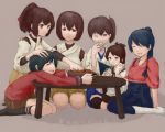  6+girls blue_eyes blue_hair brown_eyes brown_hair drink eating houshou_(kantai_collection) hyuuga_(kantai_collection) ise_(kantai_collection) japanese_clothes kaga_(kantai_collection) kantai_collection kneehighs mogami_(kantai_collection) multiple_girls pantyhose pleated_skirt ponytail school_uniform serafuku shikinami_(kantai_collection) shorts side_ponytail skirt thighhighs traditional_media zettai_ryouiki 