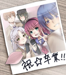  2girls 3boys :d angel_beats! black_hairband black_hat black_necktie blue_eyes blue_hair blue_sailor_collar blunt_bangs blush closed_mouth collared_shirt commentary_request eyes_visible_through_hair furrowed_brow graduation green_eyes green_hair grey_hair grin hair_between_eyes hairband half_updo hands_up happy hat highres hinata_hideki jacket long_hair looking_at_another looking_at_viewer medium_hair multiple_boys multiple_girls nakamura_yuri naoi_ayato neckerchief necktie negiko123123 open_mouth orange_eyes orange_hair otonashi_yuzuru parted_bangs peaked_cap petals photo_(object) pink_neckerchief sailor_collar sailor_shirt school_uniform shinda_sekai_sensen_uniform shirt short_hair sidelocks smile star_(symbol) straight_hair sweatdrop tachibana_kanade translation_request upper_body v white_shirt yellow_eyes yellow_jacket 