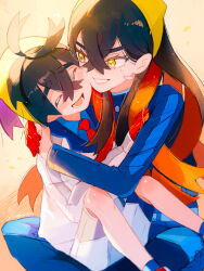  1boy 1girl black_hair blue_jacket blue_pants blue_shirt blue_socks blush brother_and_sister carmine_(pokemon) cheek-to-cheek closed_eyes collared_shirt commentary_request crossed_bangs eyelashes gloves grin hair_between_eyes hairband heads_together highres hug jacket kieran_(pokemon) long_hair mole mole_on_neck multicolored_hair open_mouth pants pokemon pokemon_scarlet_and_violet purple_hair red_gloves red_hair shiro_(46isou) shirt shorts siblings simple_background single_glove sitting sitting_on_lap sitting_on_person smile socks white_jacket white_shorts yellow_eyes yellow_hairband 