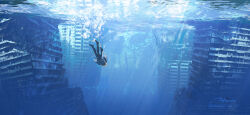 1girl artist_name asteroid_ill black_boots black_dress blonde_hair boots bubble commentary cornea_(asteroid_ill) dress highres lily_pad long_hair ocean original rubble ruins solo submerged sunlight swimming underwater very_long_hair wet wet_hair 
