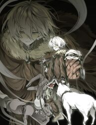  2boys backpack_basket bandaged_leg bandages black_background blood blood_stain blush boots brown_cloak cloak commentary_request expressionless full_body fumetsu_no_anata_e fur-trimmed_cloak fur_boots fur_trim fushi_(fumetsu_no_anata_e) gloves green_pants grin hair_between_eyes highres hood hooded_cloak joan_(fumetsu_no_anata_e) korean_commentary lee_01270029 looking_at_animal male_focus multiple_boys multiple_views one_eye_closed open_hand pants short_hair simple_background smile the_nameless_boy_(fumetsu_no_anata_e) upper_body violet_eyes white_hair white_wolf wolf yellow_eyes 