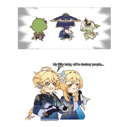  2boys 3girls :> aether_(genshin_impact) arms_at_sides artist_name black_dress black_gloves black_hair black_shorts blonde_hair blue_cape blue_coat blue_dress blue_flower blue_hat blue_jingasa blue_sleeves blunt_ends blush braid brother_and_sister brown_pantyhose cape capelet chibi closed_eyes coat collei_(genshin_impact) colored_tips dress english_text facing_away flower fringe_trim furisode genshin_impact gloves gold googly_eyes gradient_hair green_cape green_capelet green_hair gun hair_flower hair_ornament hair_tie half_crown_braid hands_up hat highres holding holding_gun holding_napkin holding_weapon japanese_clothes jingasa kimono kurogawa_shion lapels leaf leaf_hair_ornament long_hair long_sleeves looking_to_the_side low-braided_long_hair low-tied_long_hair lumine_(genshin_impact) multicolored_flower multicolored_hair multiple_boys multiple_girls nahida_(genshin_impact) official_alternate_costume orange_scarf pantyhose pointy_ears rifle scaramouche_(genshin_impact) scarf short_hair short_hair_with_long_locks shorts siblings side_cape side_ponytail sidelocks tearing_up twins wanderer_(genshin_impact) weapon white_flower white_hair white_kimono white_sleeves wiping_face 