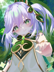  1girl absurdres bare_shoulders blush closed_mouth commentary_request cross-shaped_pupils dress genshin_impact gold_trim gradient_hair green_eyes green_hair hair_between_eyes hair_ornament head_tilt highres leaf_hair_ornament looking_at_viewer multicolored_hair nahida_(genshin_impact) sankaku_(maruchann32) side_ponytail signature sleeveless sleeveless_dress smile solo symbol-shaped_pupils upper_body watermark white_dress white_hair 