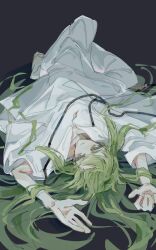  0f3xr 1other absurdres androgynous enkidu_(fate) fate/grand_order fate_(series) full_body green_eyes green_hair grey_background highres long_hair lying on_back other_focus robe simple_background smile solo white_robe 