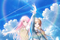  2girls absurdres arm_up artist_name bang_dream! bang_dream!_it's_mygo!!!!! blue_eyes blue_serafuku blue_sky blush brown_hair brown_sweater_vest chihaya_anon chinese_commentary closed_mouth clouds cloudy_sky collared_shirt commentary_request commission commissioner_name day feichengtaifeitang green_necktie grey_eyes grey_neckerchief haneoka_school_uniform highres lens_flare light_smile long_hair looking_at_viewer midriff_peek mihuashi_commission multiple_girls nagasaki_soyo navel neckerchief necktie outstretched_arms pink_hair plaid_clothes sailor_collar sailor_shirt school_uniform seashell second-party_source serafuku shell shirt sky smile sweater_vest tsukinomori_school_uniform upper_body white_sailor_collar white_shirt 