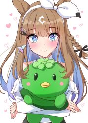  +_+ 1girl almond_eye_(casual)_(umamusume) almond_eye_(umamusume) animal_ears bare_shoulders blue_eyes blue_hair blush bow bow_hairband braid braided_sidelocks brown_hair closed_mouth clothing_cutout colored_inner_hair commentary_request cucumber hair_ornament hairband heart highres holding horse_ears horse_girl kappa long_hair multicolored_hair shirt shoulder_cutout sidelocks smile streaked_hair symbol-shaped_pupils umamusume white_hairband white_shirt white_streaks x-shaped_pupils yukiya_(shiya) 