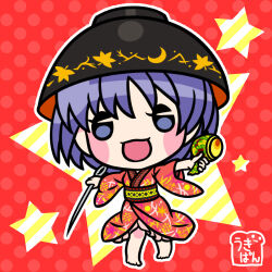  1girl barefoot blue_eyes blue_hair blush bowl bowl_hat chibi chibi_only full_body hat holding holding_mallet holding_needle japanese_clothes kimono looking_ahead lowres mallet medium_hair miracle_mallet needle obi open_mouth red_background red_kimono sash smile solo star_(symbol) straight-on sukuna_shinmyoumaru touhou ukipan 