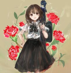  1girl :d black_bow black_bowtie black_skirt blush bow bowtie brown_eyes brown_hair collared_shirt commentary_request flower flower_request hand_on_own_hip highres leaf medium_hair missing_headwear object_request open_mouth shirt shirt_tucked_in skirt smile solo touhou unfinished usami_renko uwazumi white_shirt 